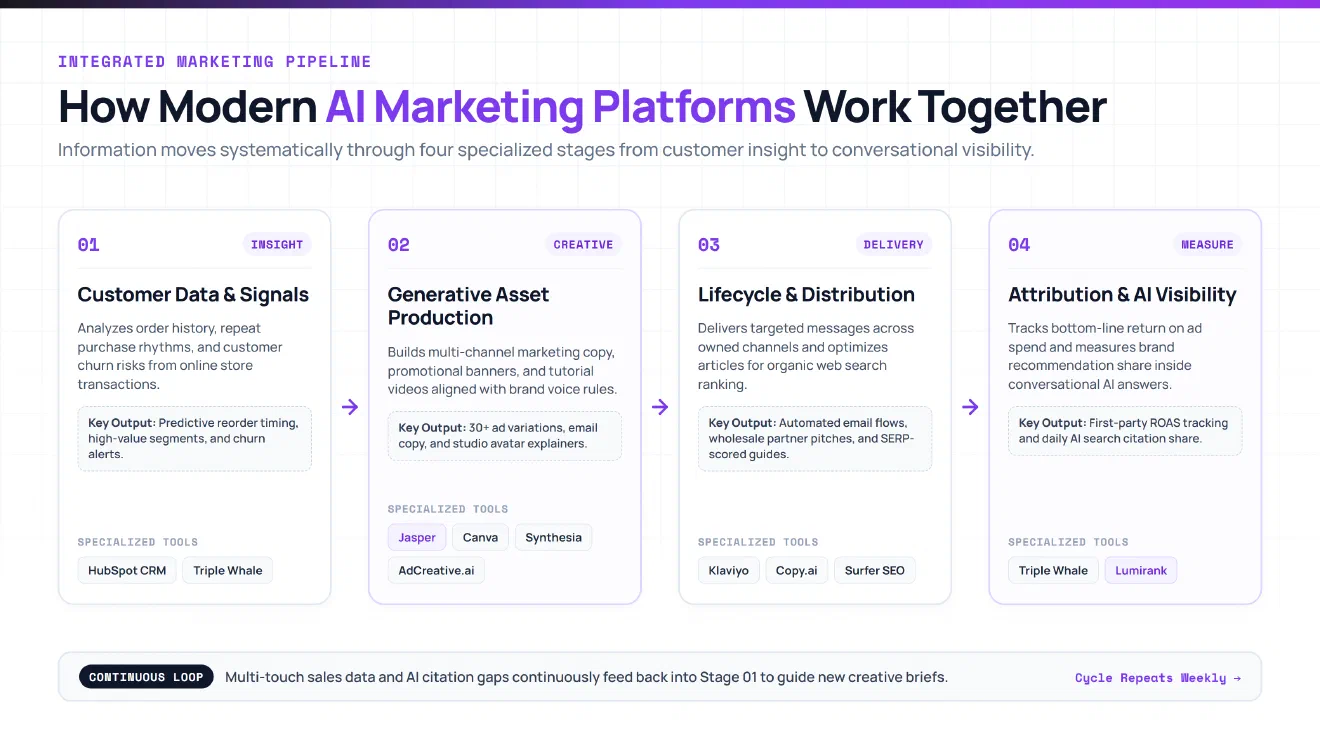 A 4-stage pipeline diagram showing how modern AI marketing platforms connect across customer data, creative production, distribution, and attribution
