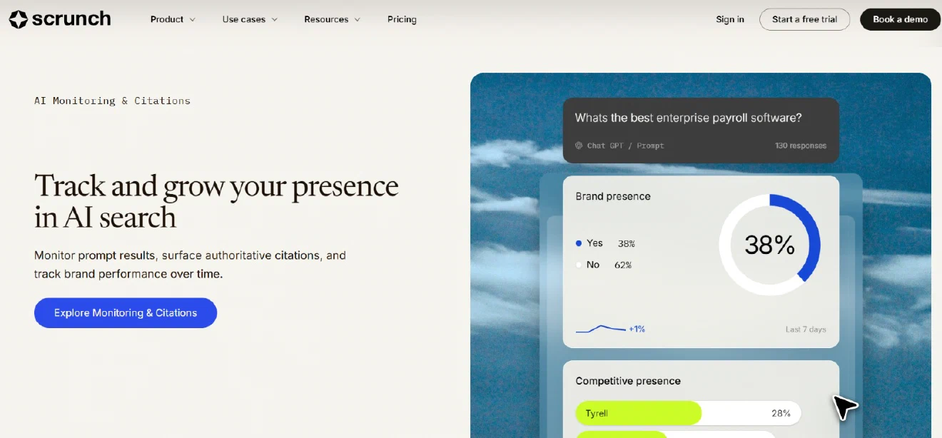 Scrunch: AI answer share and citation intelligence tied to AI-agent traffic context