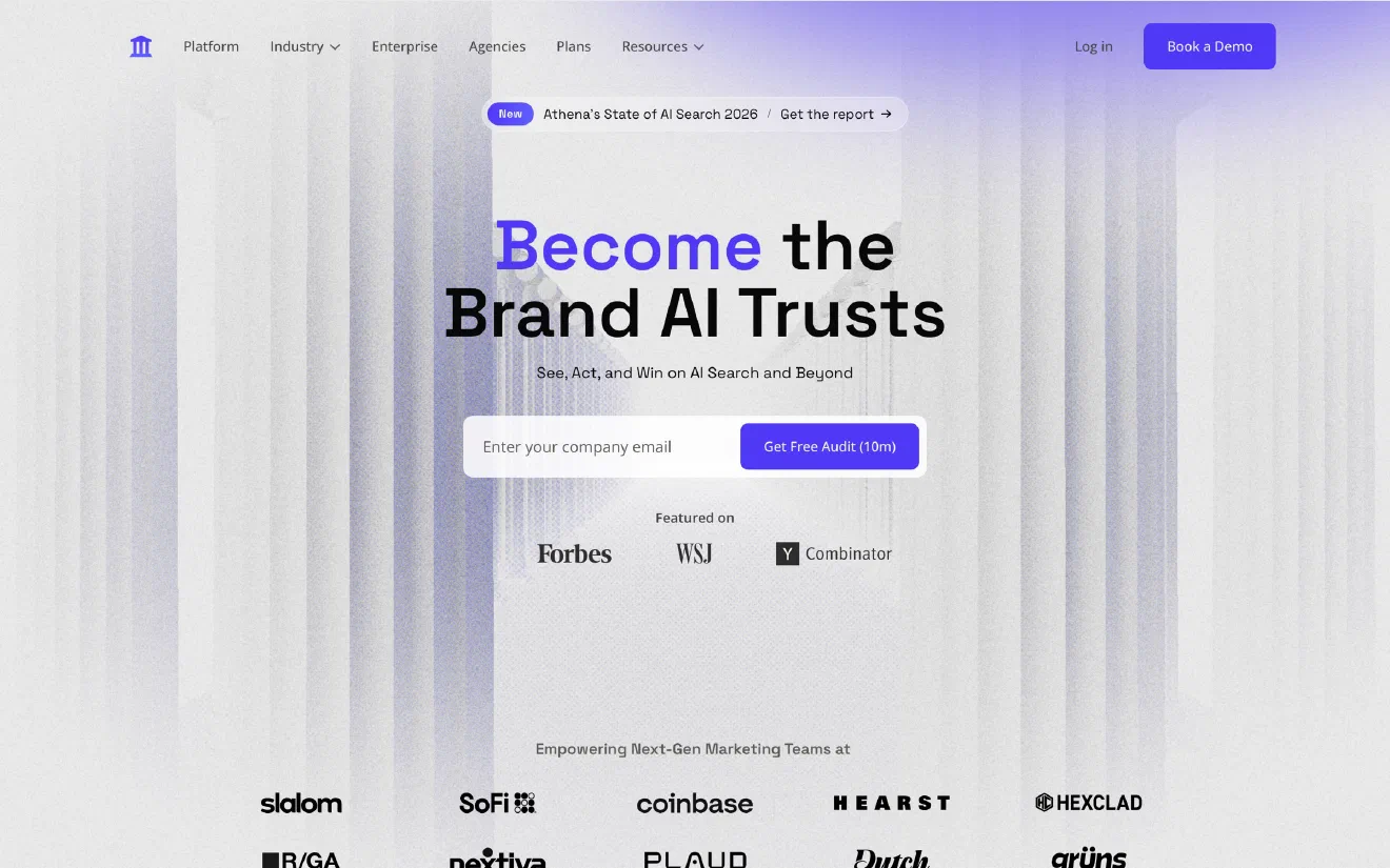AthenaHQ home page with the headline &lsquo;Become the Brand AI Trusts&rsquo; and a free audit form