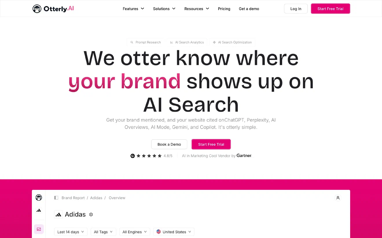 Otterly.AI home page with the headline &lsquo;We otter know where your brand shows up on AI Search&rsquo;