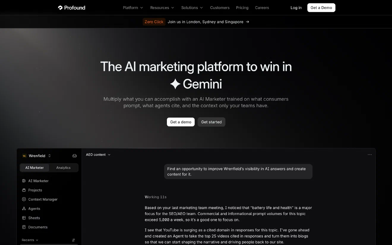 Profound home page with the headline &lsquo;The AI marketing platform to win in Gemini&rsquo; and an AI Marketer preview