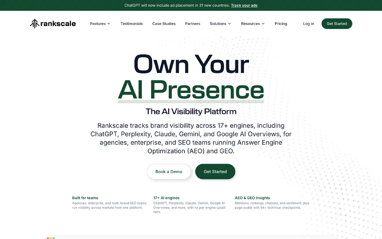 Rankscale home page with the headline &lsquo;Own Your AI Presence&rsquo; and a claim of 17+ engines