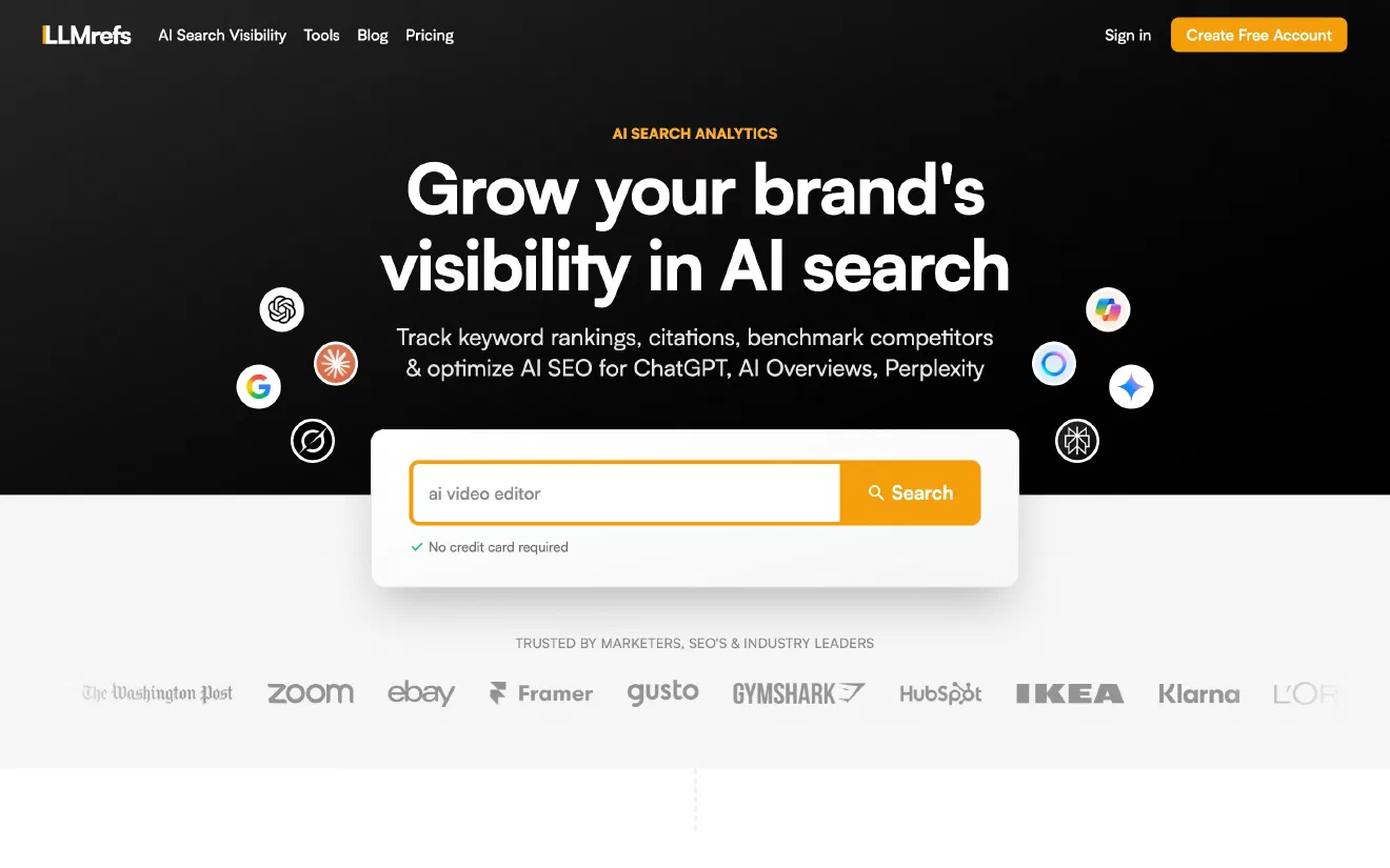 LLMrefs home page with the headline &lsquo;Grow your brand&rsquo;s visibility in AI search&rsquo; and a keyword search box