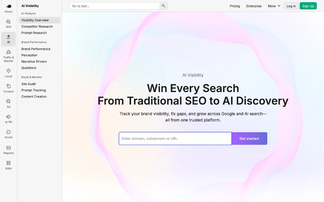 Semrush AI Visibility page with the headline &lsquo;Win Every Search From Traditional SEO to AI Discovery&rsquo;