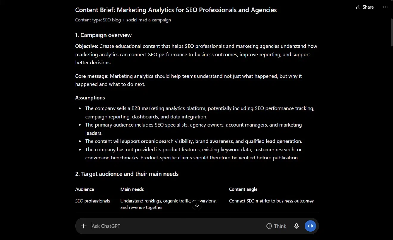 OpenAI ChatGPT generating the marketing test content brief