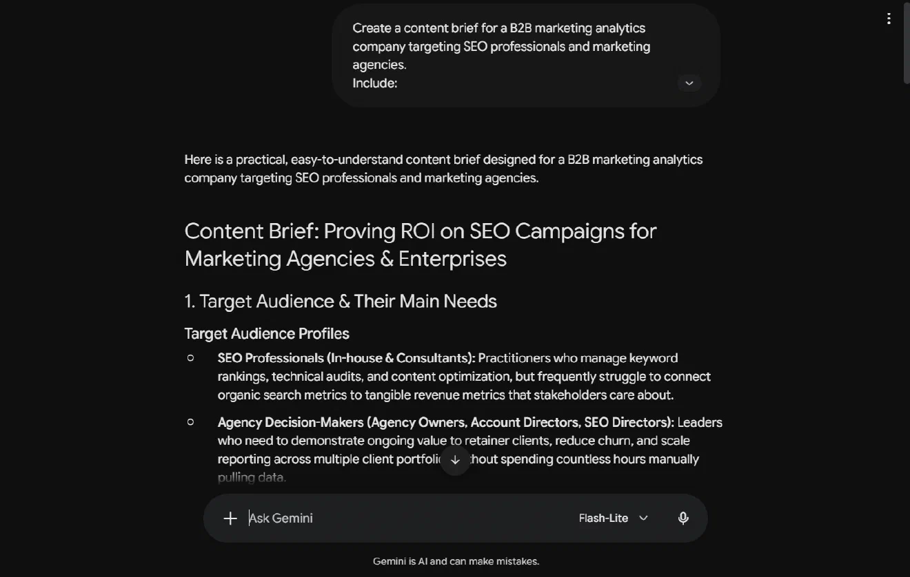 Google Gemini generating the content brief and search intent breakdown
