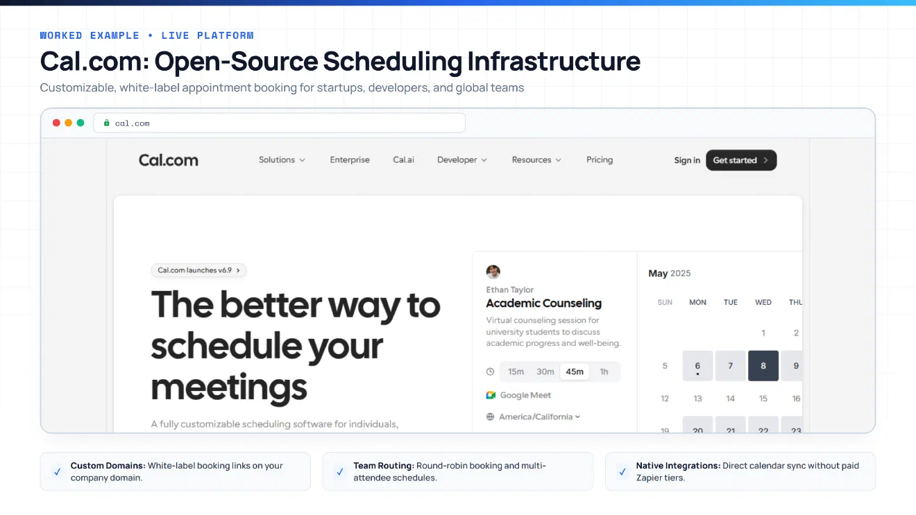 Screenshot of the Cal.com website showing open-source scheduling and calendar infrastructure