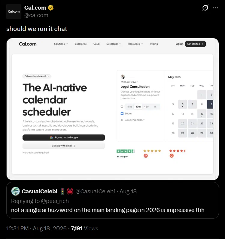 Screenshot of Cal.com’s official post on X engaging with community feedback on AI positioning
