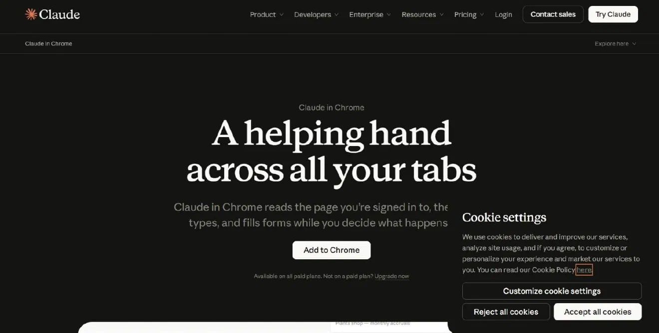 The official Claude in Chrome setup page showing plan availability