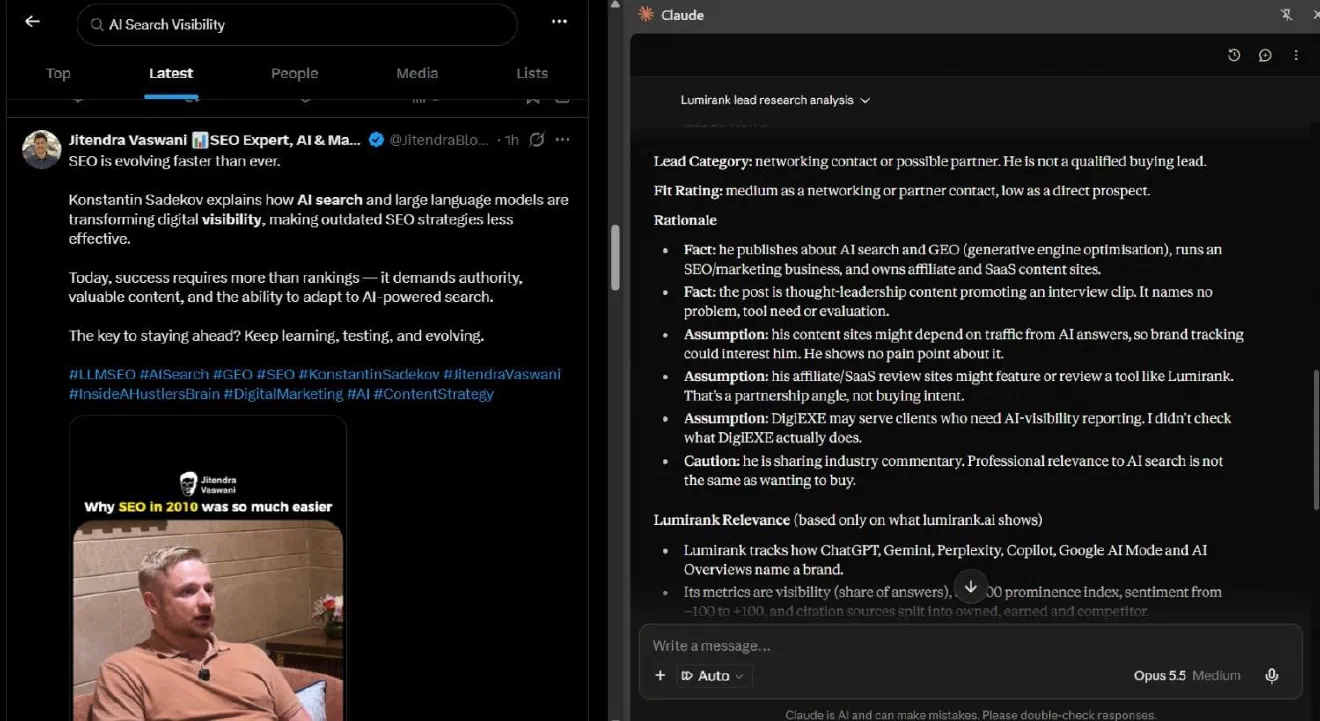 Claude evaluating lead fit and separating facts from assumptions in the Chrome side panel