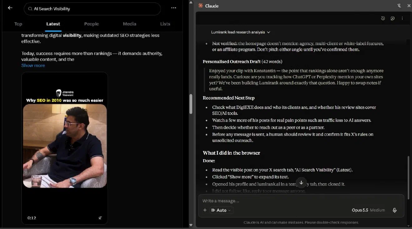 Personalised outreach draft, recommended next steps, and browser log in Claude