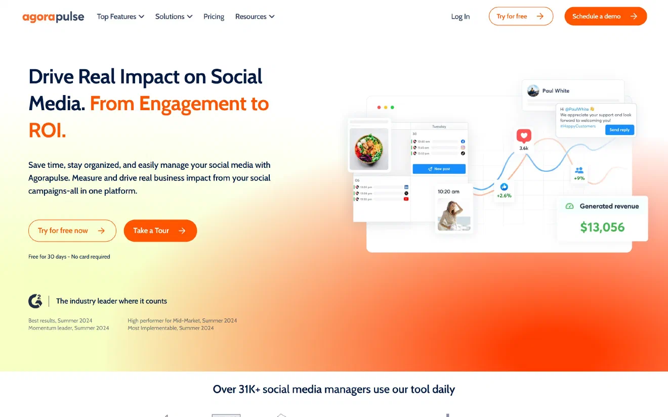 Agorapulse home page with the headline ‘Drive Real Impact on Social Media. From Engagement to ROI.’ and a revenue attribution card
