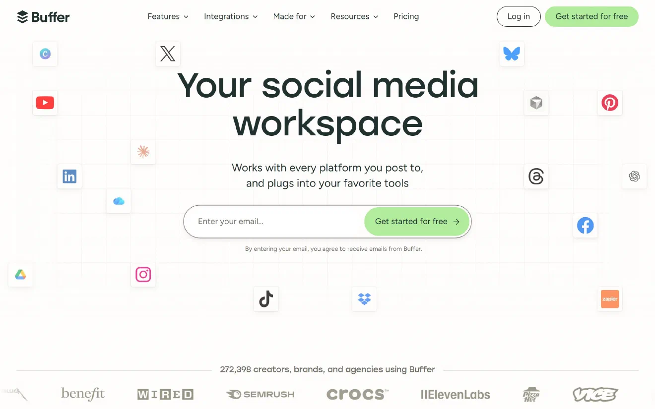 Buffer home page with the headline ‘Your social media workspace’ surrounded by platform icons