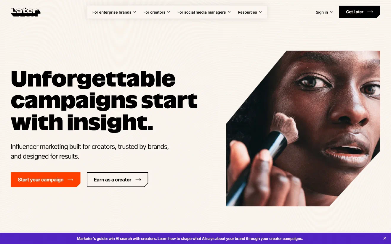 Later home page with the headline ‘Unforgettable campaigns start with insight’