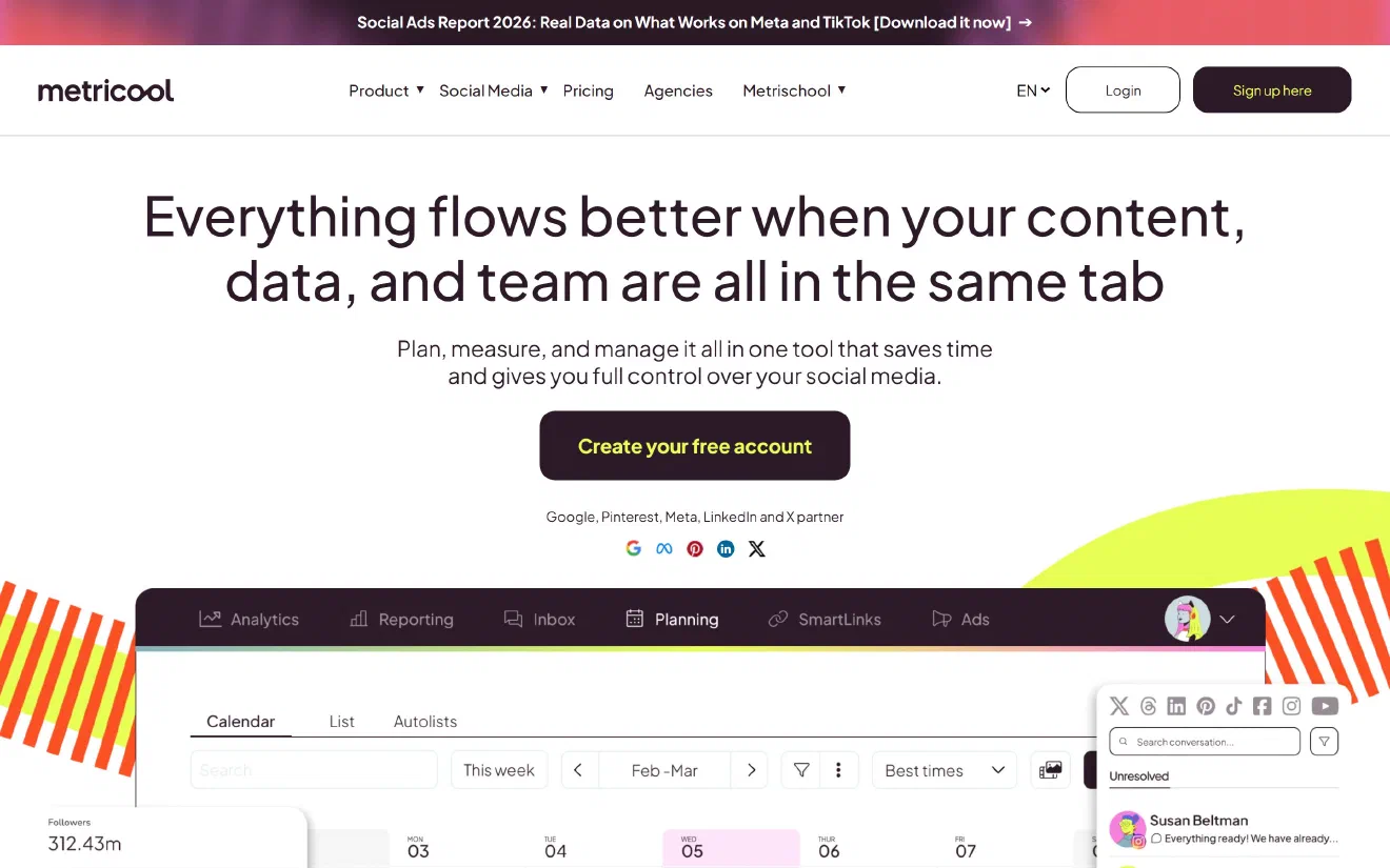 Metricool home page with the headline ‘Everything flows better when your content, data, and team are all in the same tab’ and a calendar preview