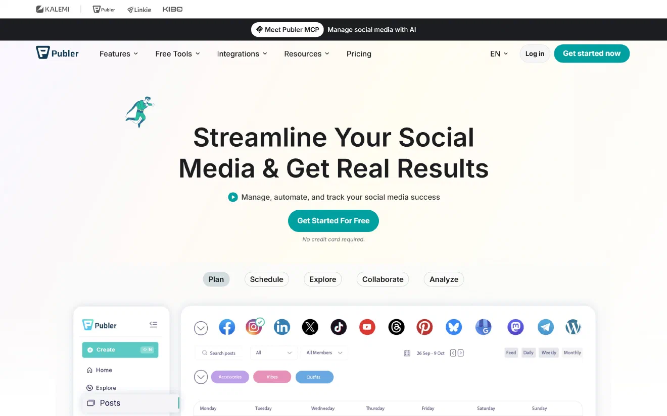 Publer home page with the headline ‘Streamline Your Social Media & Get Real Results’ and a scheduling dashboard preview