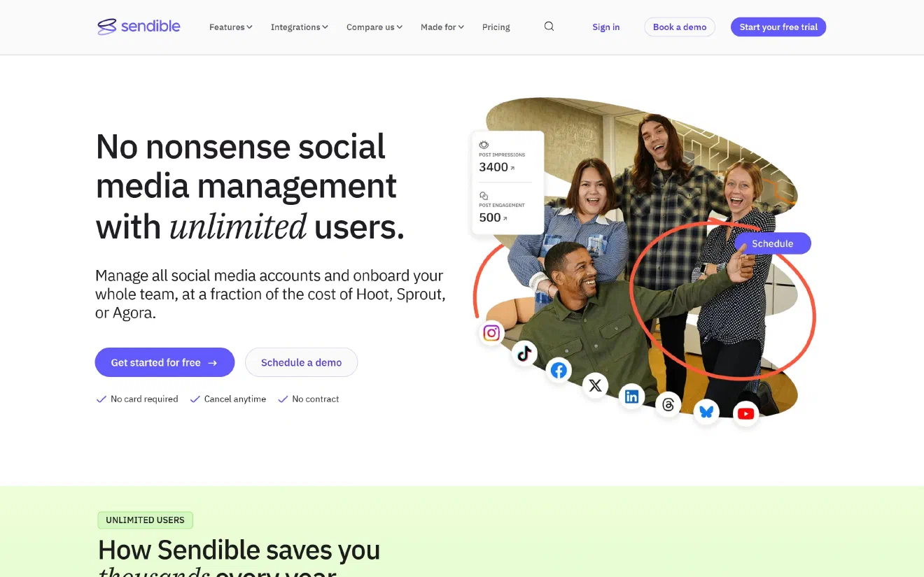 Sendible home page with the headline ‘No nonsense social media management with unlimited users’