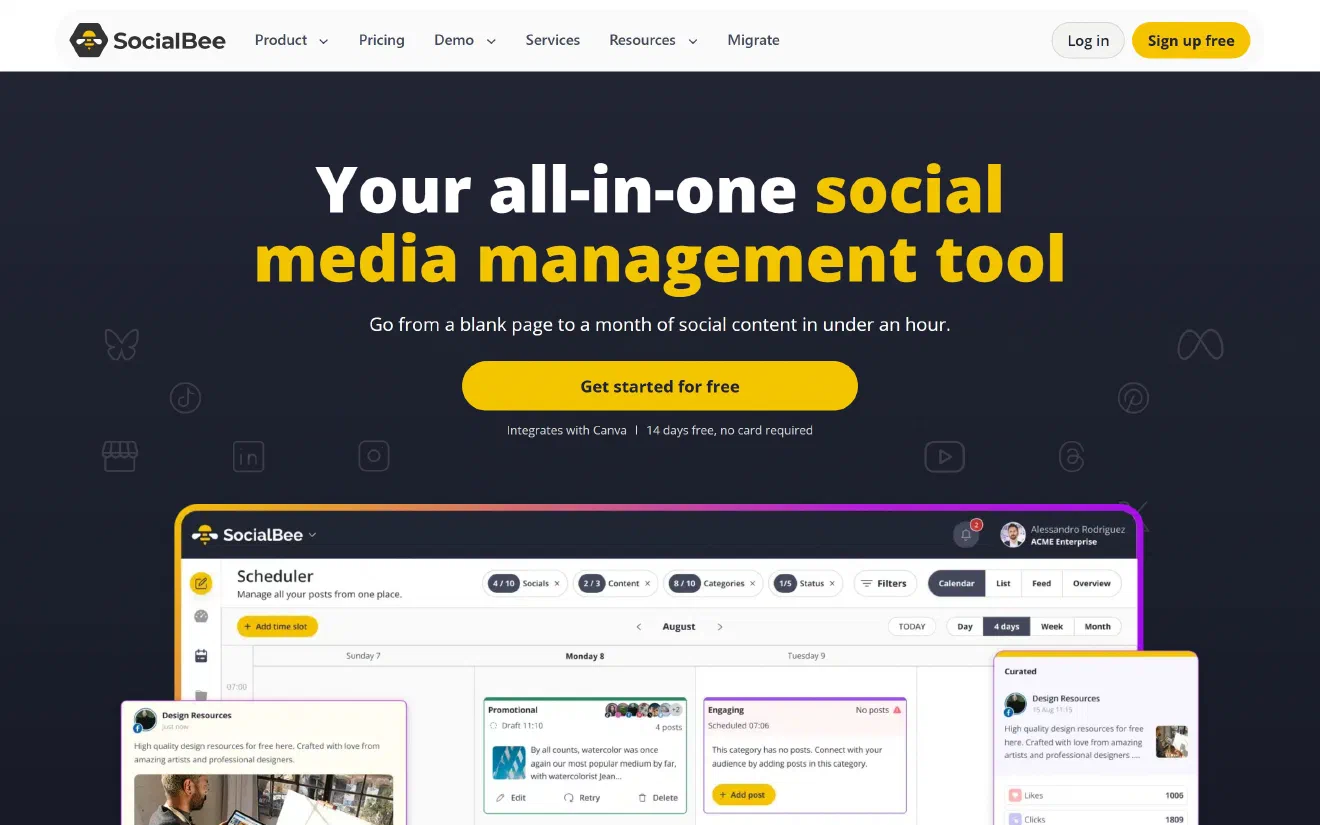SocialBee home page with the headline ‘Your all-in-one social media management tool’ and a category scheduler preview