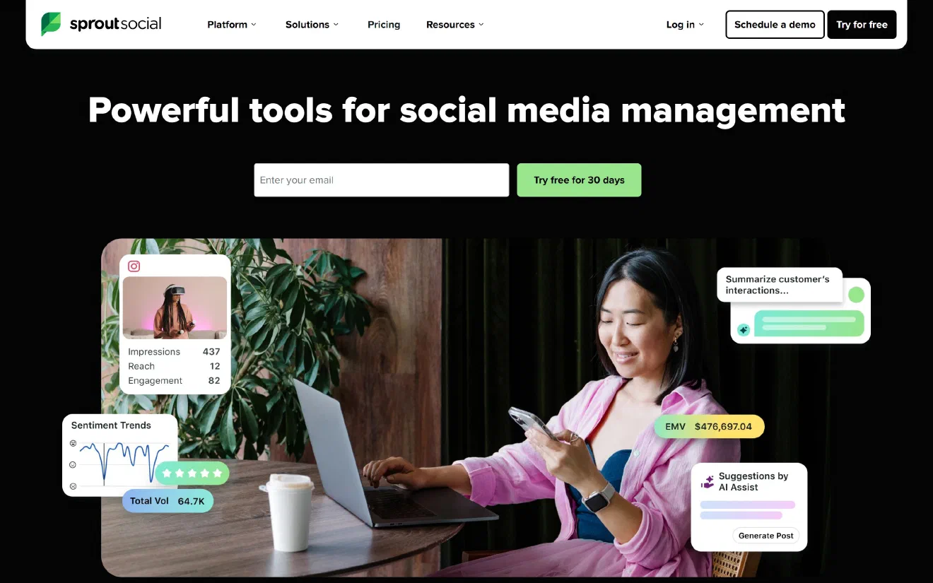 Sprout Social home page with the headline ‘Powerful tools for social media management’ and sentiment and AI assist cards