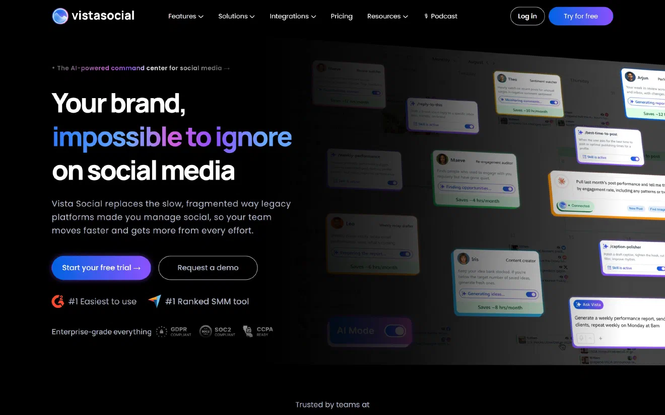 Vista Social home page with the headline ‘Your brand, impossible to ignore on social media’ and floating AI workflow cards