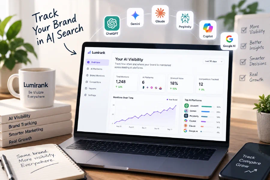 The Lumirank dashboard, tracking brand visibility across AI platforms
