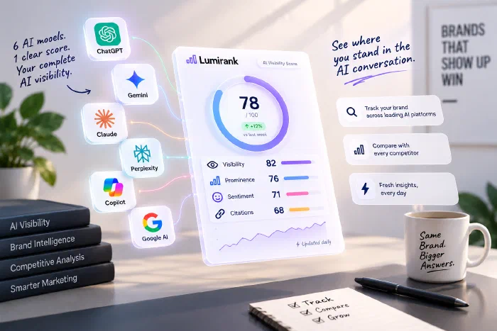 AI Visibility Score card showing a 78 out of 100 score across six AI platforms